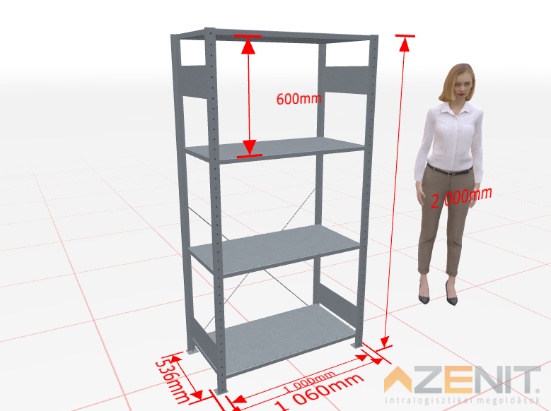 Kapcsolható polcos állvány alapmező MULTIplus típus, 1000×500 mm polcokkal, 2000 mm magas 4 polcos horganyzott 